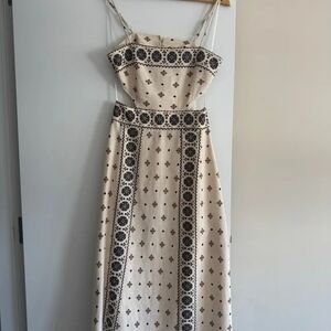Zara Cream & Black Printed Cutout Midi Dress